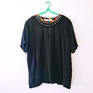 VTG Black Short Sleeve Shirt Beaded Neckline Top